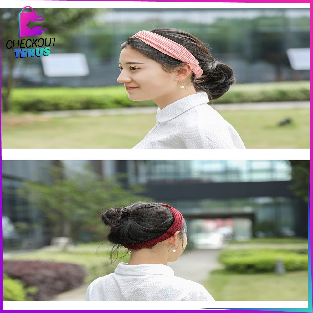 CT C63 Bando Korea Wanita Aksesoris Rambut Motif Garis Salur Karet Elastis Dengan Kancing Pengait MaskerHeadband Bendo Import