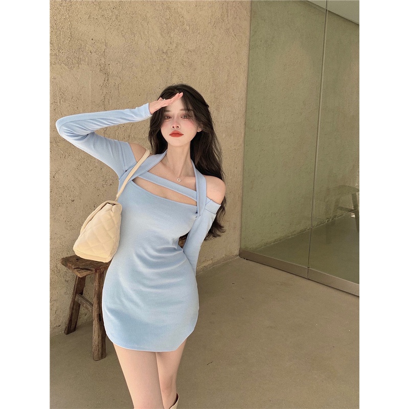 Red Keinginan murni one-shoulder halter neck dress wanita musim gugur pinggang tinggi ketat tidak teratur paket hip rok hot girl rok pendek seksi