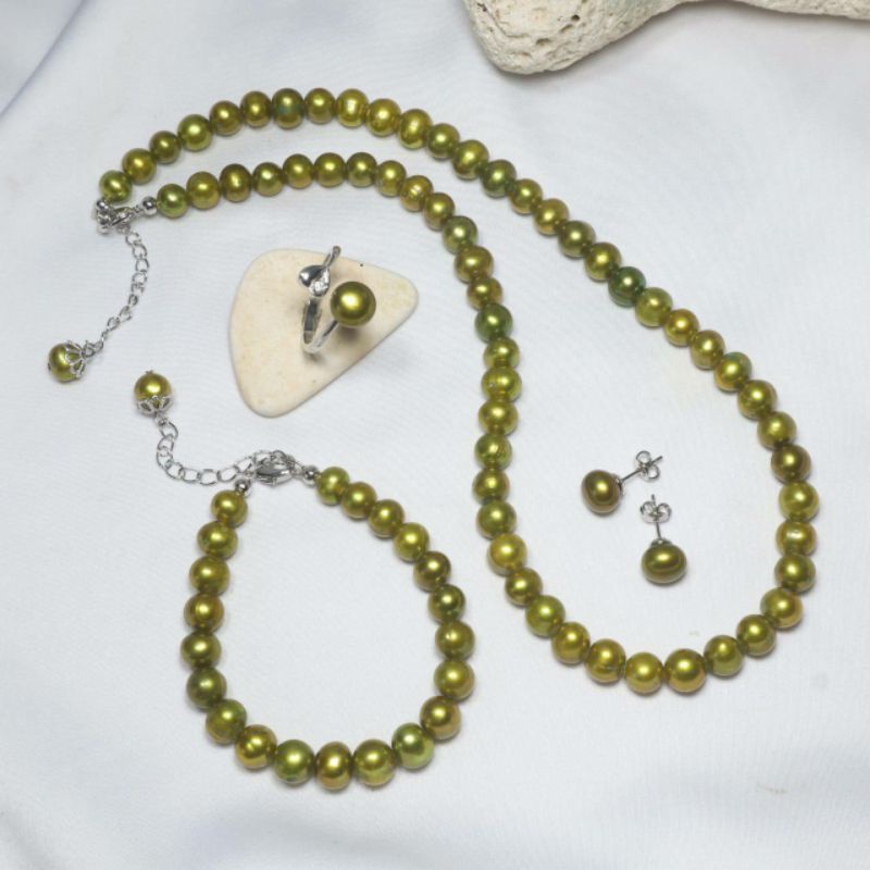 Set Lengkap Perhiasan Mutiara Asli Rangka Rhodium Awet Lapis Emas 18 Karat