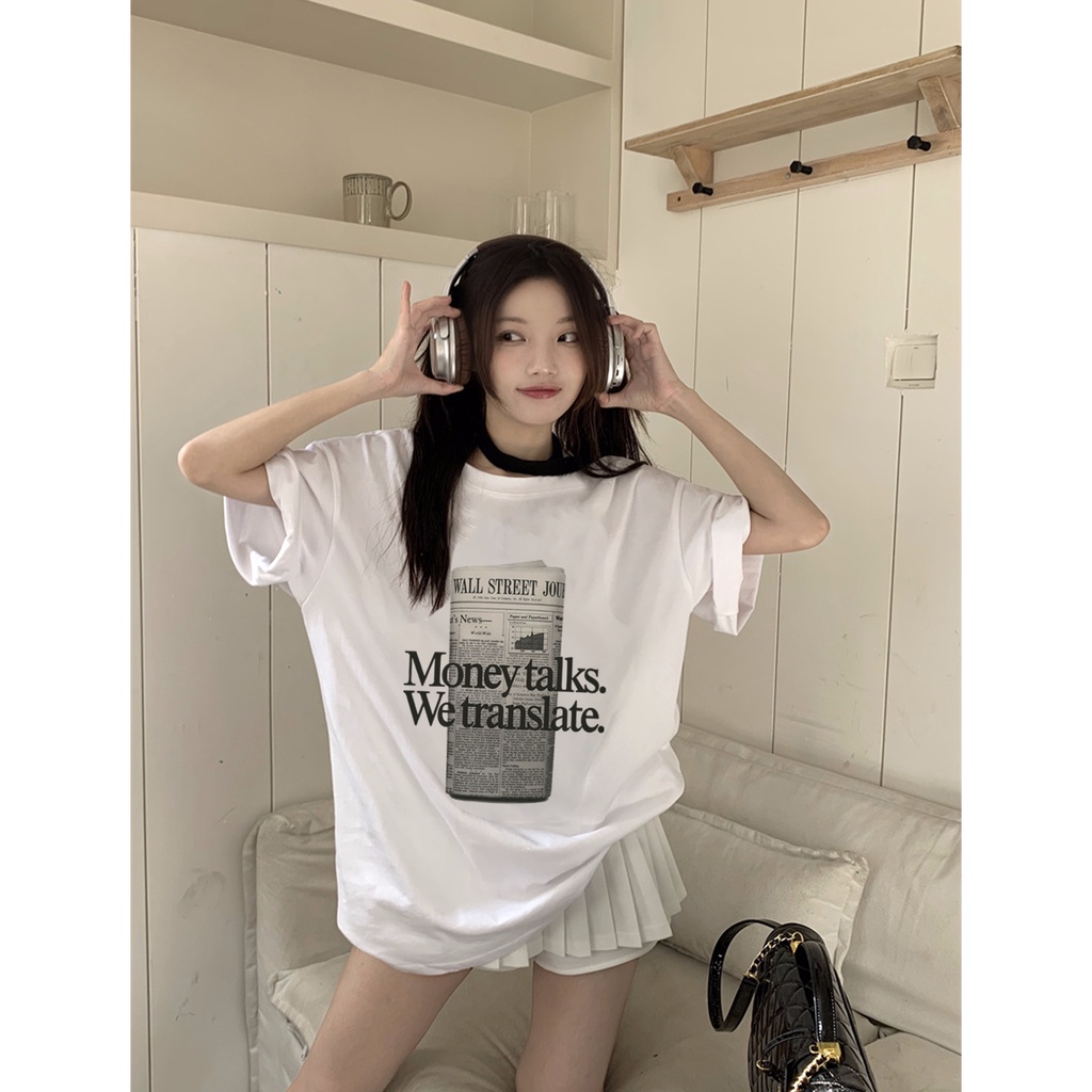 EUNII T-shirt Lengan Pendek Newspaper Mug Korean Style/Kaos Atasan Wanita/Baju Kaus Oversize Wanita/Kaos Wanita