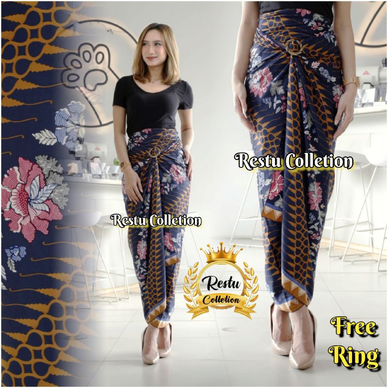 Restu Colletion Rok Lilit Songket Serut Batik Bawahan Kebaya Wisuda Kemeja Bloese Kondangan Nikahan Tunangan Wanita Allsize Bahan Satin HQ Premium Kembang Sepatu Nevy Bestseller