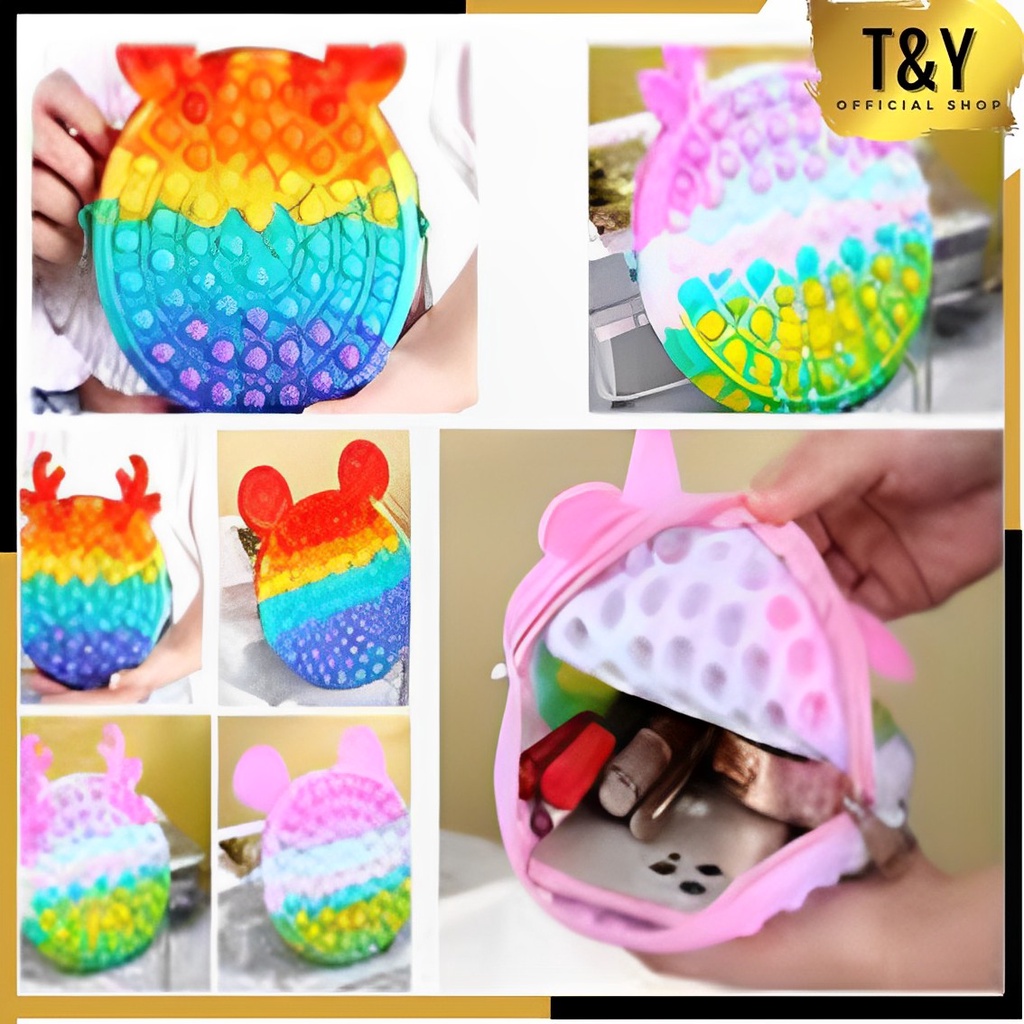 T&amp;Y Tas Selempang Pop It Rainbow Bubble Fidget Push Toys Sling Bag Anak Popit Macaroon Bentuk Telinga Hewan Untuk Anak Anak Dan Dewasa Murah Import