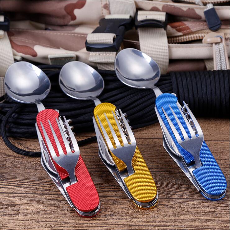 Peralatan Makan Sendok Garpu Piau Lipat Set Portable Perjalanan Hiking Stainless Steel Saku Pisau