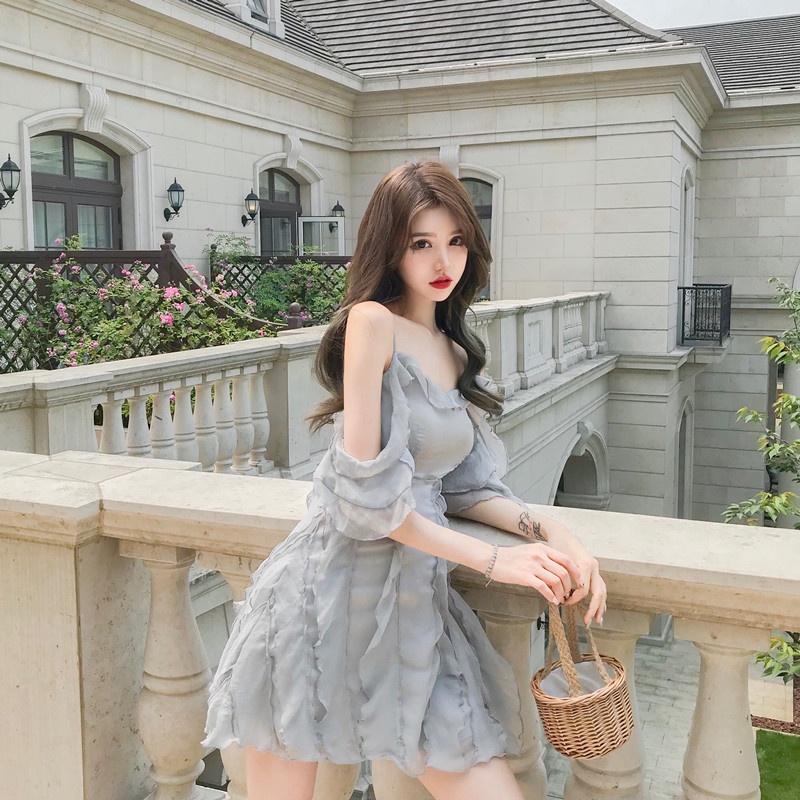 Red Temperamen busana musim panas wanita rok suspender seksi A-line rok warna solid telinga kayu gaun pinggang tinggi rok pendek trendi