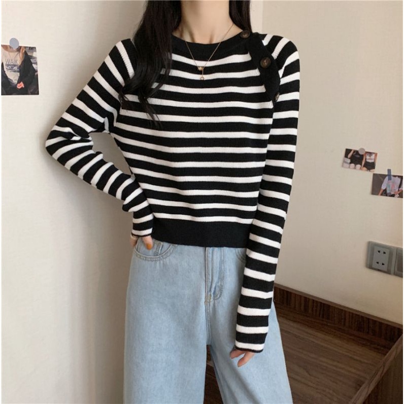 Sweater Fashion Korean Crop Long Sleeve O-Neck Knit Top Atasan Korean Style Wanita