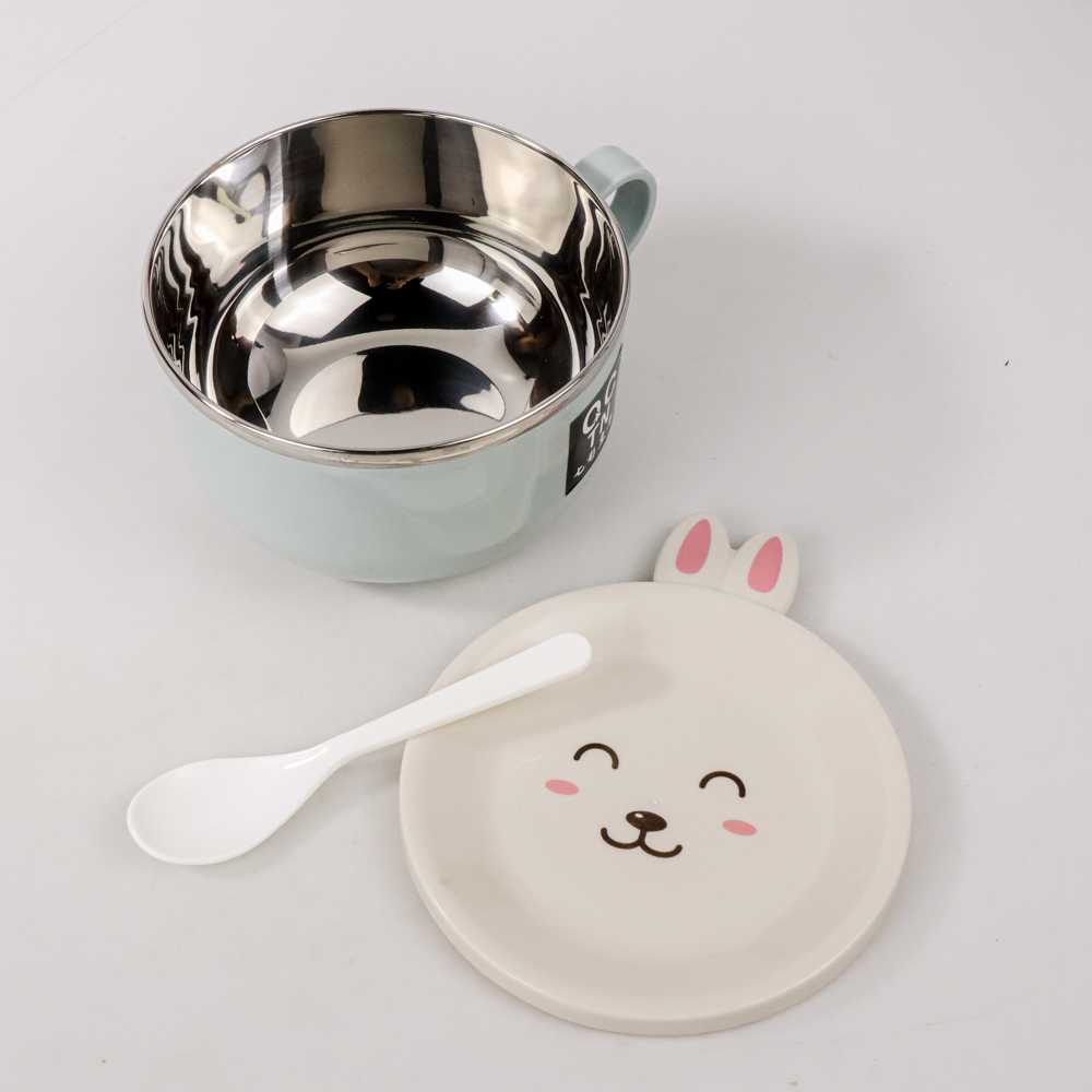 (BISA COD) FTIHSHP QCTN Mangkok Double Layer Stainless Steel 14cm 800ml with Lid &amp; Spoon - 8933