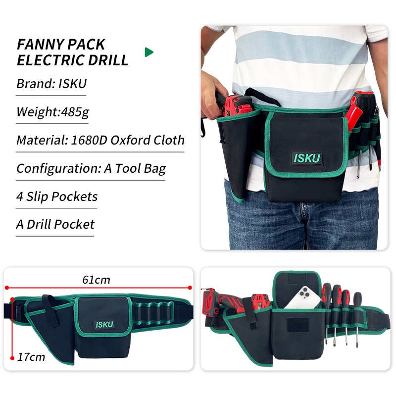 ISKU Tas Pinggang Perkakas Tukang Serbaguna Tas Perkakas Electrical 7 Slip Pockets Tas Obeng Tas Menyimpan