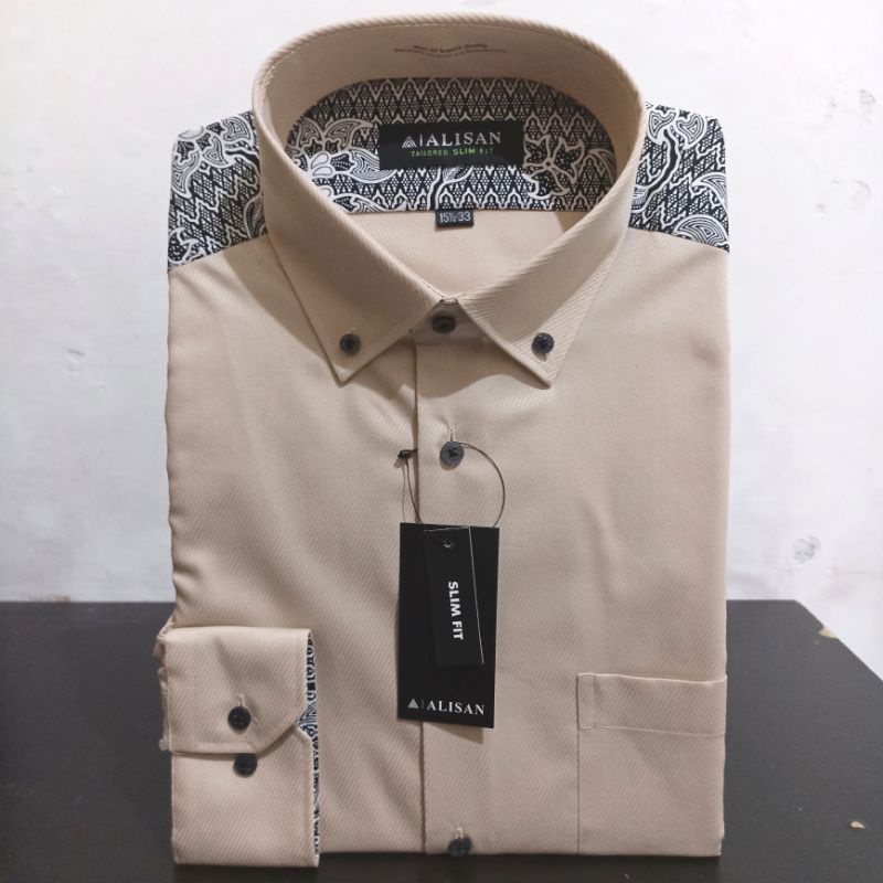 Kemeja Alisan Dobby Coklat1 Kombinasi Pundak Batik Print Panjang Slimfit