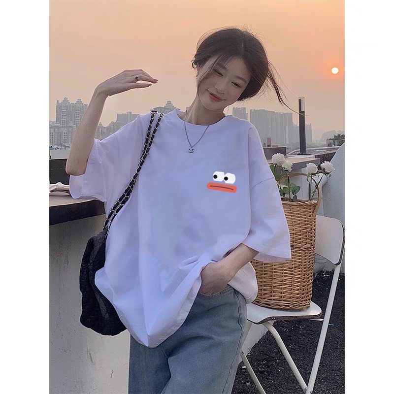 Korean Style Cat Kaos Putih Atasan Wanita Lengan Pendek Oversize Printed T-shirt Baju Wanita Kekinian