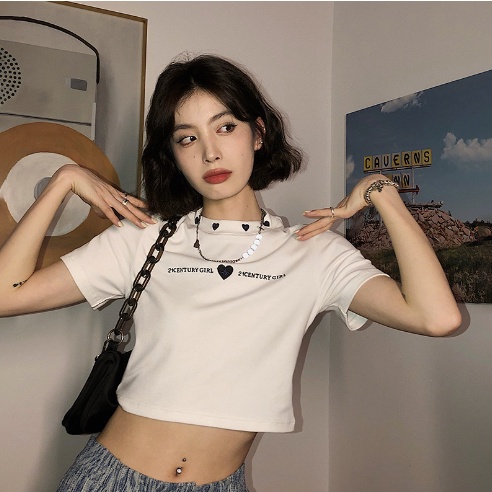 GirlWish Fashion Korean Sexy Crop Top Round Neck Kaos Sexy Crop Wanita 1327