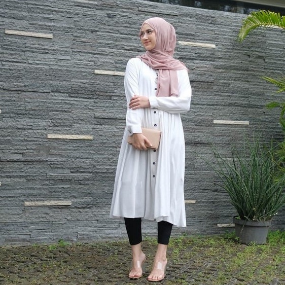 Tunik Lebaran Tunik Murah Wanita Remaja muslim kekinian syari polos Nikita putih abu - Hitam Ramadha