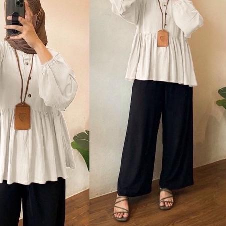 ➻ Baju Model Tunik Putih Hitam Terbaru Premium Crinkle Remaja Lebaran Modern kekinian Murah AB031 ✻