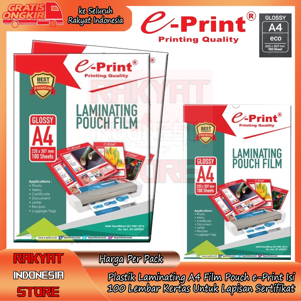 

E-PRINT LAMINATING POUCH FILM A4 ECO LAMINATING FILM F4 PLASTIK LAMINATING LAMINATING POUCH LAMINASI PLASTIK LAMINATING A4 FILM POUCH E-PRINT MULTIFUNGSI DIGUNAKAN UNTUK MMELAPISI DOKUMEN PENTING FOTOSERTIFIKAT MENU RESTORAN ANTI AIR ISI 100 LEMBAR