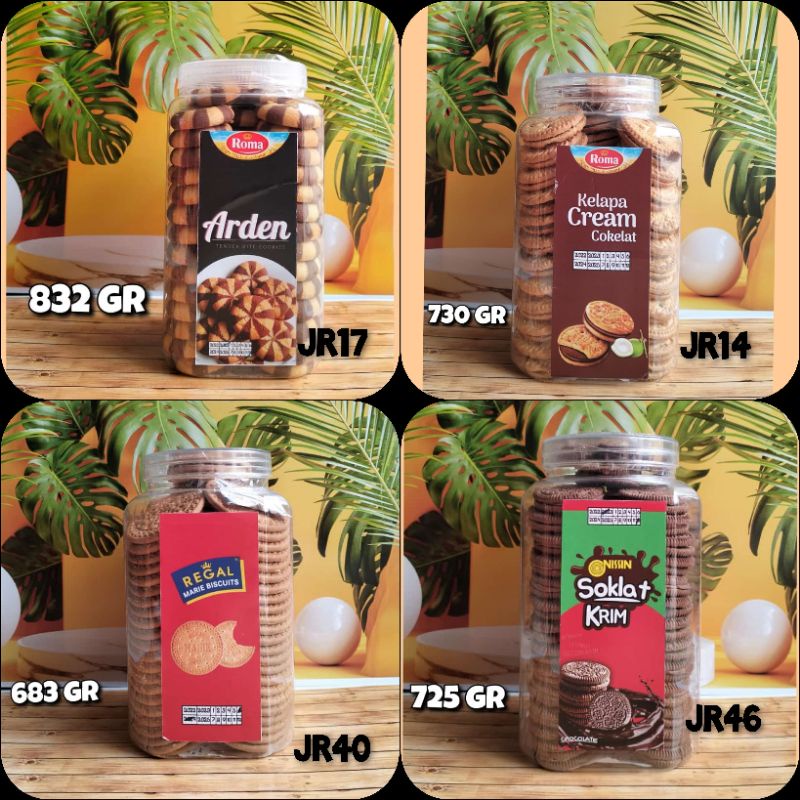 

Cemilan / Snack / Lebaran / Viral / Toples Jerapah / Arden Roma / Roma Cream Cokelat / Regal / Nissin Soklat Krim / Kue