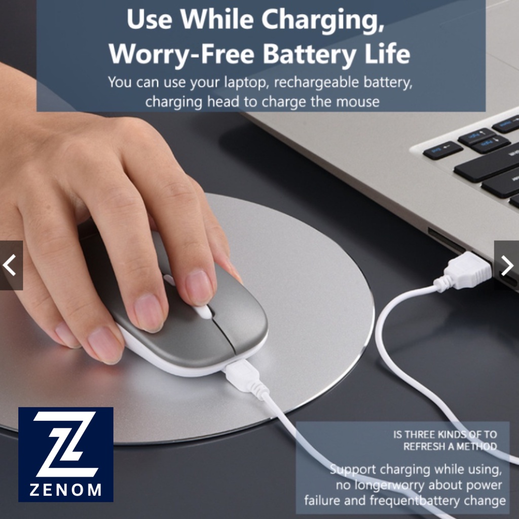 Mouse Wireless ZENOM Lite Rechargeablem Silent Click 2.4Ghz 1600 DPI dengan Receiver USB untuk PC Laptop