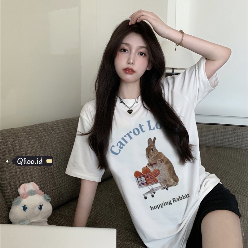 Print T-shirt Kaos Lengan Pendek Cartoon Shopping Rabit Baju Wanita Korean Style
