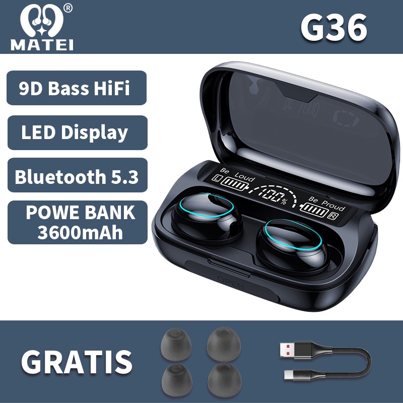Matei Headset Bluetooth TWS EARPHONE M10  Digital Indicator V5.1 BLUETOOTH Wireless mega bass Headphones gaming super-Hitam-G36