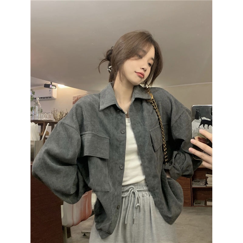 EUNII Jaket Crop Wanita Retro Outer Lengan Panjang Korduroi Jacket Hitam Korean Style