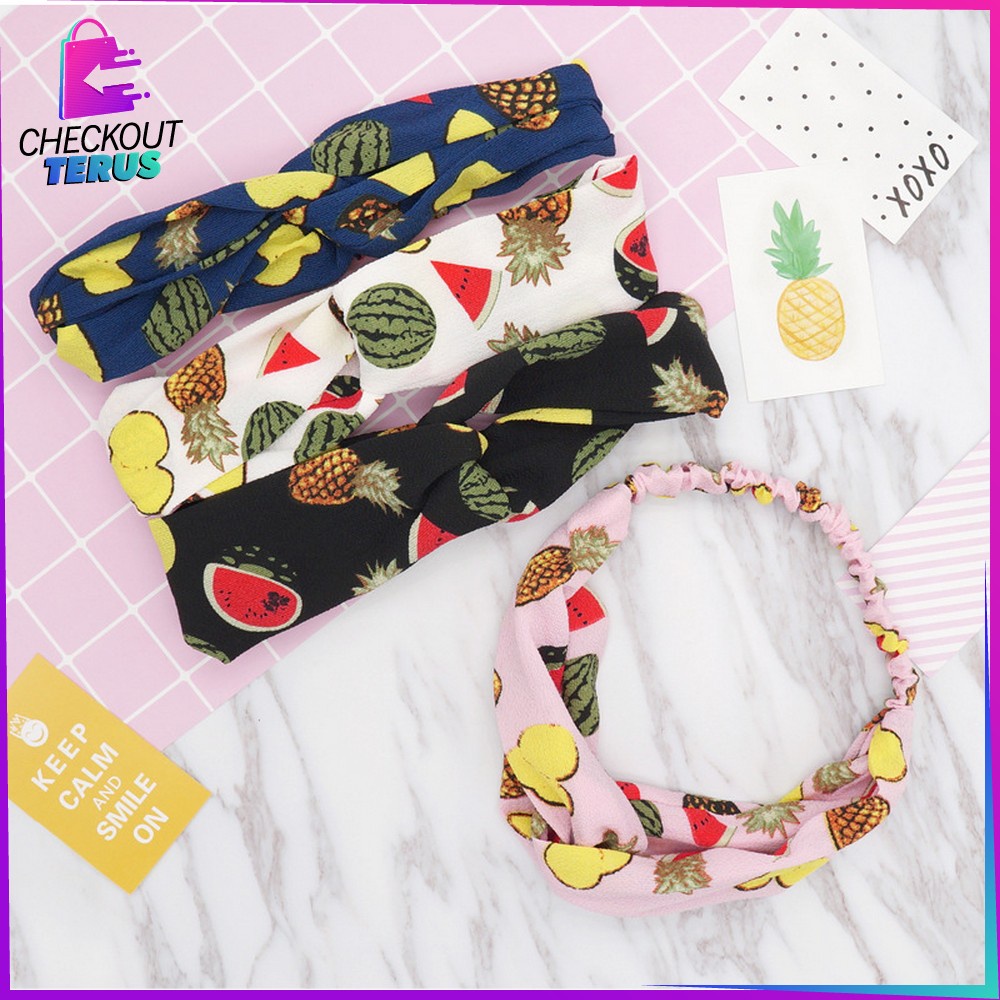 CT C64 Bando Wanita Korean Style Model Turban Karet Bahan Kain Motif Buah Bandana Simpul Kekinian Import