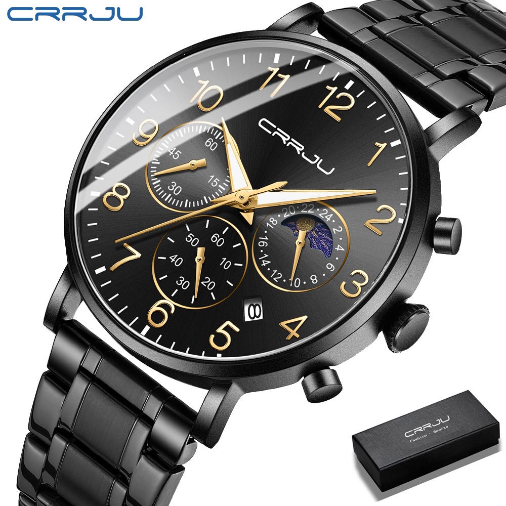 CRRJU Jam Tangan Pria Sport Quartz Analog Stainless Steel Anti Air + Crononya Aktif + Bercahaya Arloji