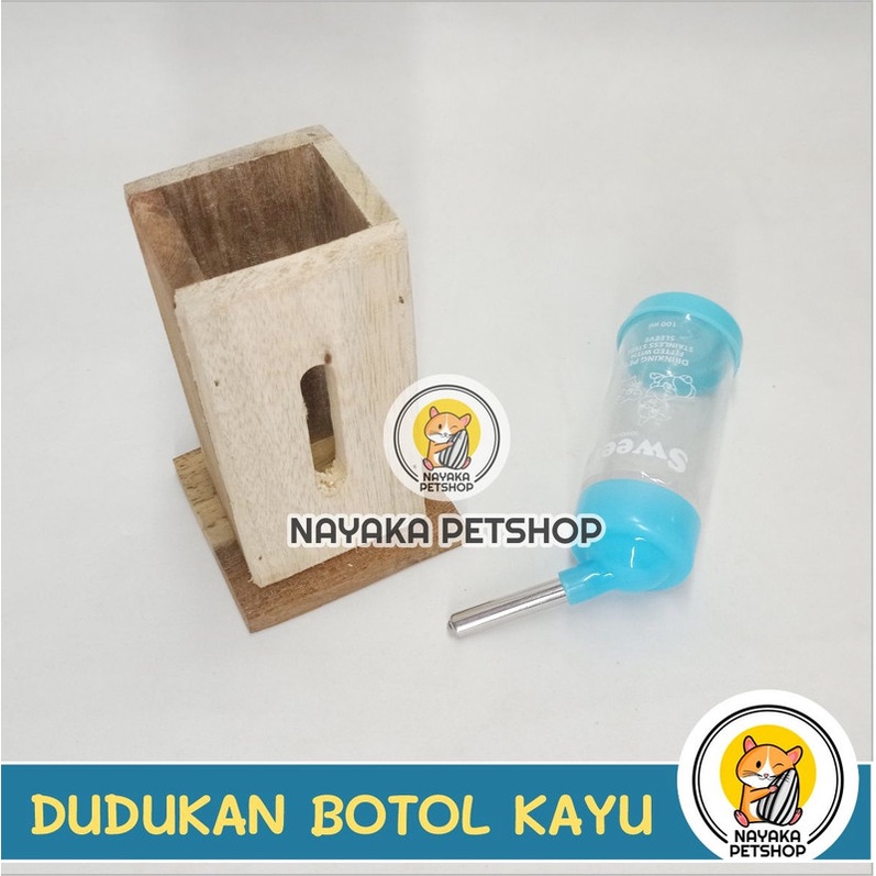 Dudukan Botol Kayu Dispenser Dot Minum Hamster Tatakan Wadah Air Hewan