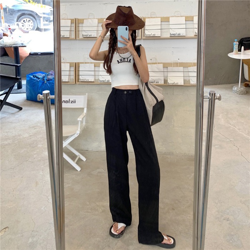 EUNII Celana Panjang Khaki Wanita Retro Basic Color Kasual Loose High Waist Straight Pants Korean Style