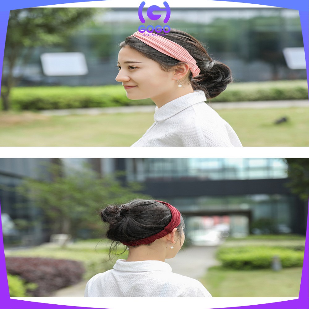 GOGO-C63 Bando Korea Wanita Motif Garis Salur Karet Elastis Dengan Kancing Pengait Masker / Headband Bendo Aksesoris Rambut Fashion Wanita Import