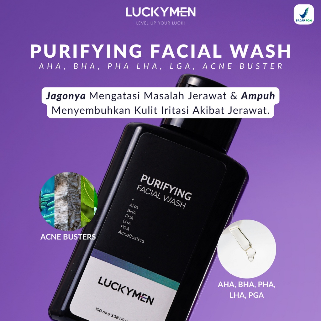 Sabun Muka Menyembuhkan Mencegah Membersihkan mengurangi Meredakan jerawat kemerahan Iritasi Minyak belebih Kotoran Noda Pori Pori Kulit Wajah Luckymen Purifying Facial Wash Skincare pria Ampuh Original BPOM