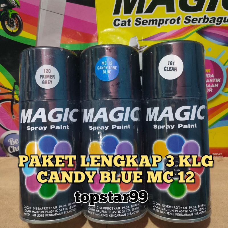 Pilok Pilox Cat Semprot Magic Paket Lengkap 3 Kaleng 300cc Paketan Biru Candi Candy Blue MC 12 Primer Grey Epoxy 120 Clear Pernis Glossy Mengkilap 101 Spray Paint