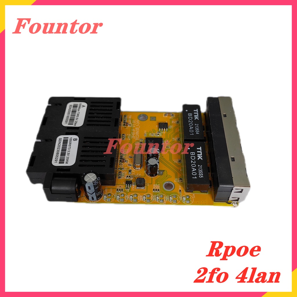 10/100Mbps RPOE 2FO 4LAN Fiber Switch 2sc 4rj45 PCBA Fiber Media Converter Yellow Color PCBA