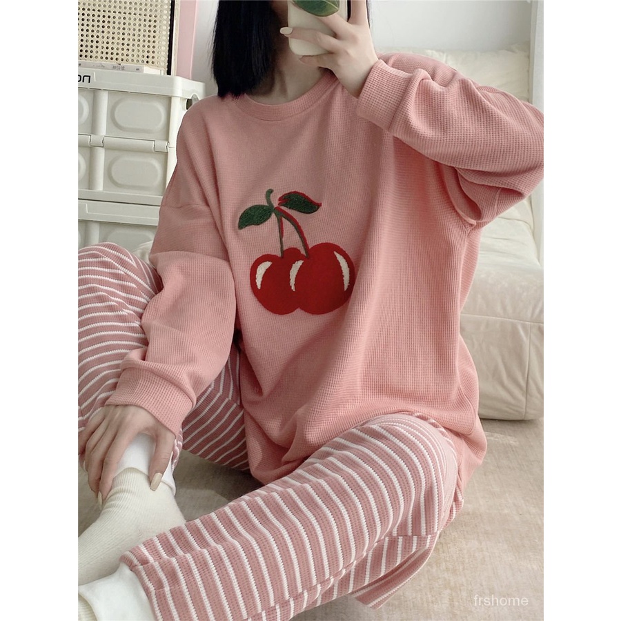 Piyama lengan panjang baru untuk wanita musim semi dan musim gugur katun wafel ceri pullover leher b