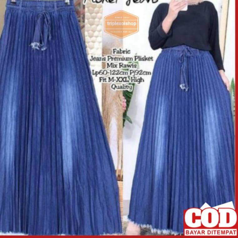 PALING DICARI XXX Rok Plisket Jeans Wanita/Rok Plisket Jeans Payung/Rok Bawahan Rampel/Rok Plisket/ 