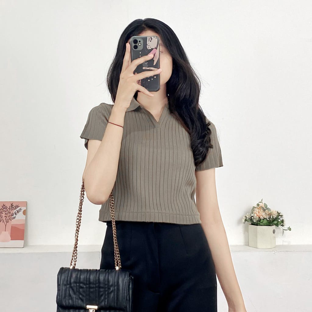 crop top rajut wanita kerah polo/polo wanita prilly crop top/atasan crop top rajut lengan pendek