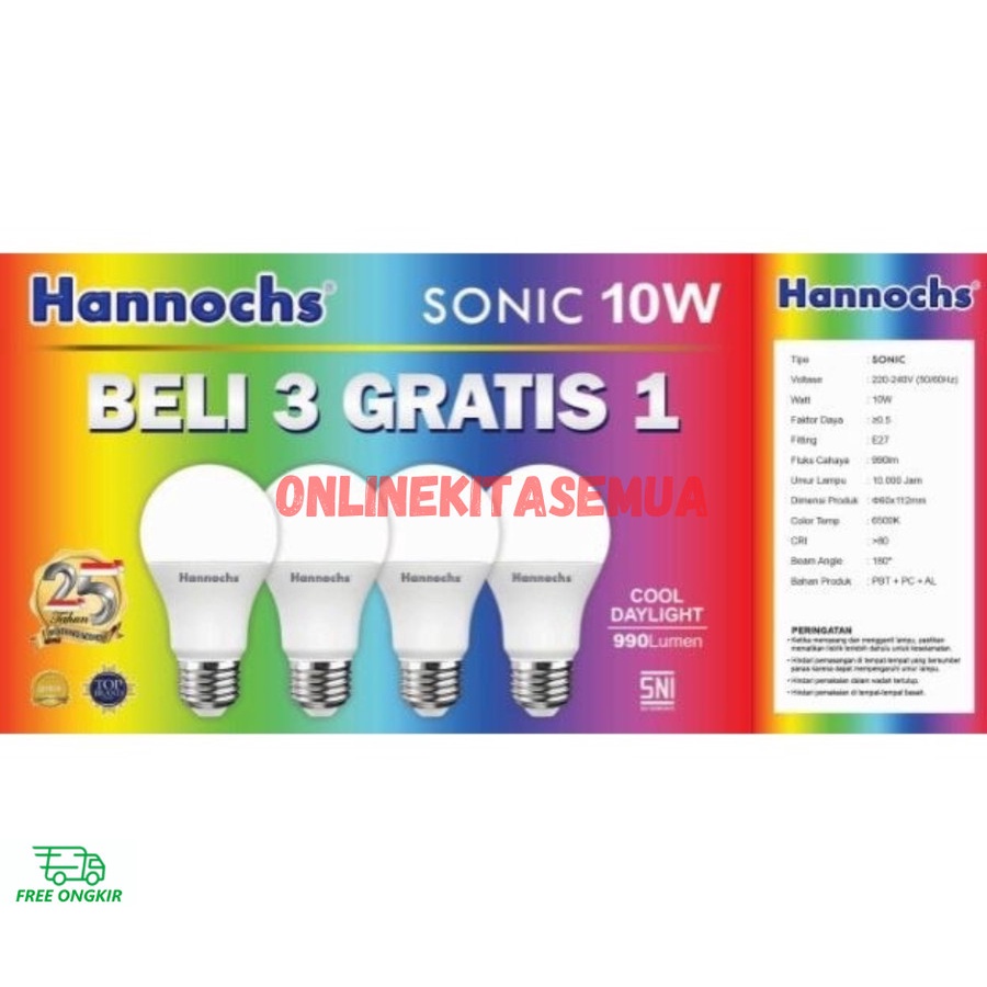 Paket Lampu Bohlam Led Bulb 3 Gratis 1 HANNOCHS SONIC Putih SNI