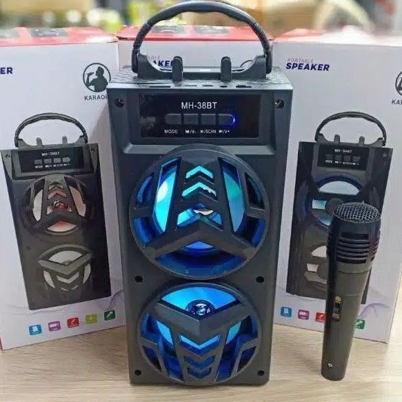 Speaker Karaoke Bluetooth Portable USB MH 38 BT/F-2021 - toko kami sedia speaker karaoke bluetooth polytron besar 15 inch gmc portable advance simbadda jbl 12 pas super bass subwoofer aiwa 899p 899q 897l 2 mic cs 878 15" s 50 k881 s50 original + 600 watt