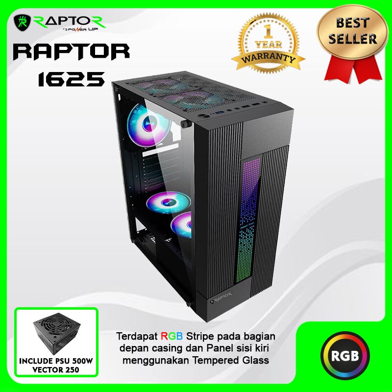 Power Up Casing Raptor 1625 Mid Tower With Led Strip RGB PSU 500w Tempered Glass