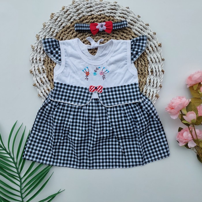 Dress Bayi Perempuan (0-9Bulan) Baju Bayi Free Bando Kotak2 Lucu