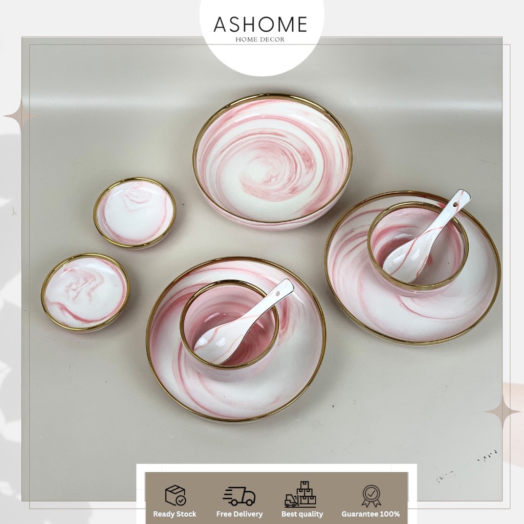 ASHOME Piring Set 2 Orang Piring Makan Set Keramik Pink Marble Isi 9 Pcs / Piring Set Keramik List E