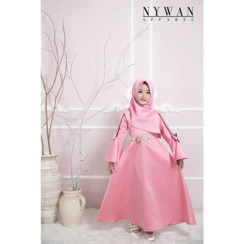 Nywan Apparel baju pakaian Gamis long dress Anak perempuan lebaran 2024 Satin mewah pink, krem, 1,2,3,4,5,6,7,8,9,10,11,12,13,14 Tahun termasuk hijab-4