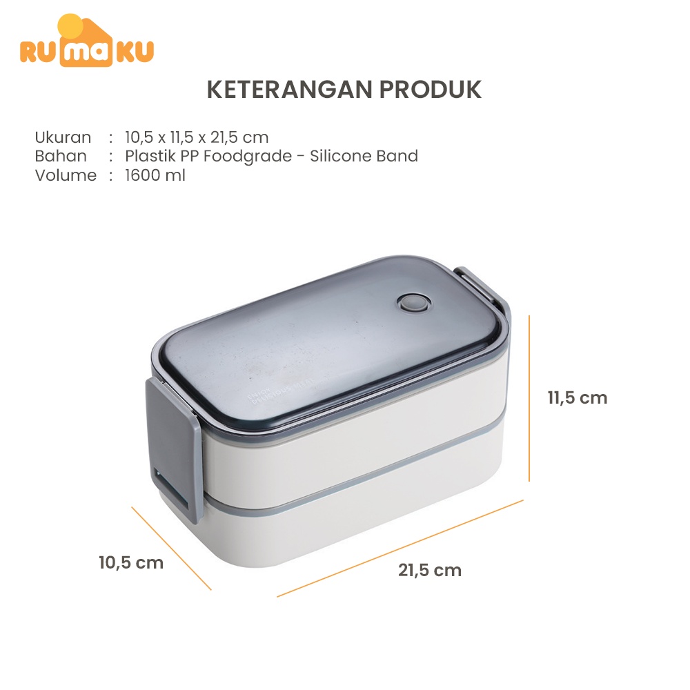 Rumaku Lunchbox Kotak Makan Tempat Bekal Double Layer 1600 ml Anti Tumpah Gratis Sendok BPA FREE