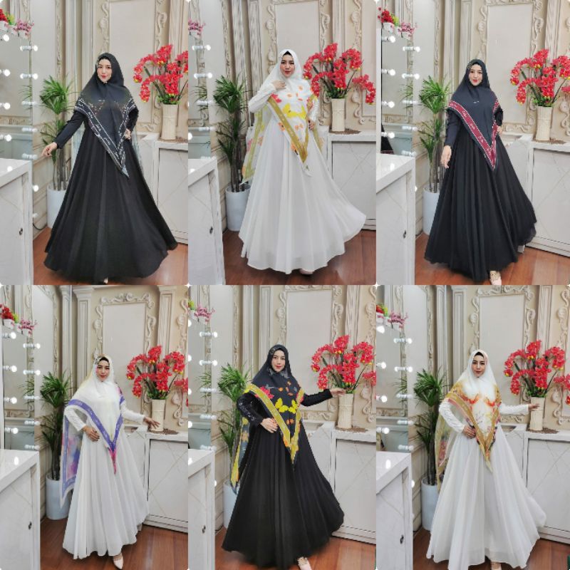 gamis set maura syari series hitam putih avrilia hijab