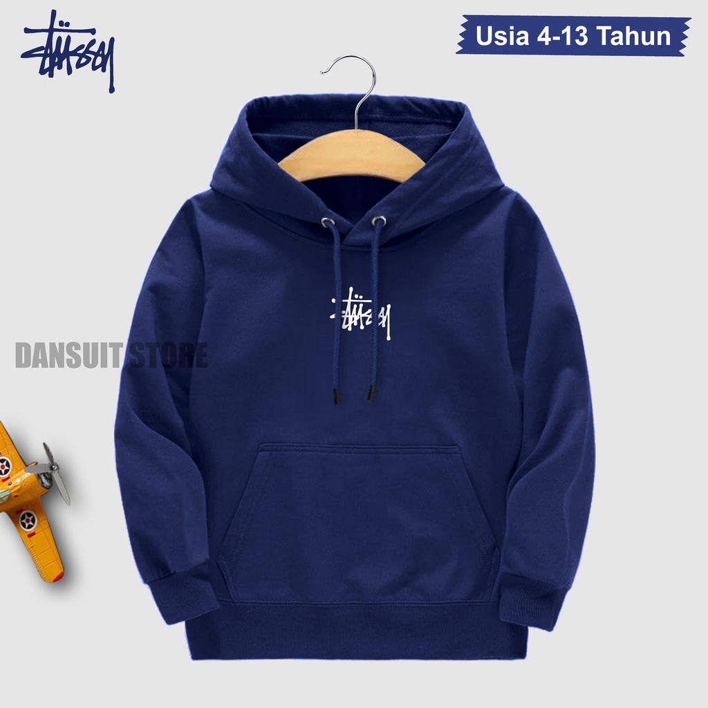 Sweater Hoodie Anak Laki-laki/Perempuan Usia 4-13 Tahun Hoodie Anak Motif Sablon STUSSY Logo Bahan Tebal Premium