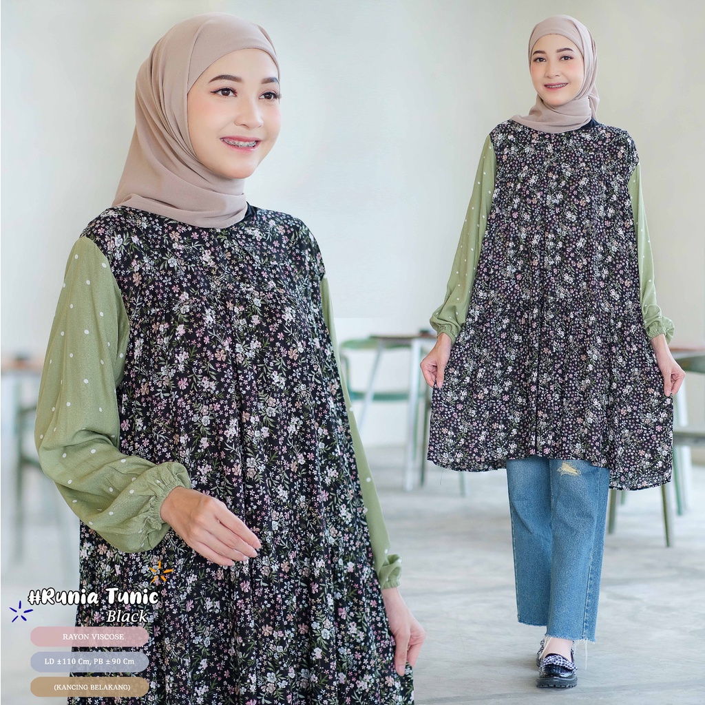 Runia Tunik Wanita Muslim Rayon Viscose Motif Bunga Kombinasi Polkadot