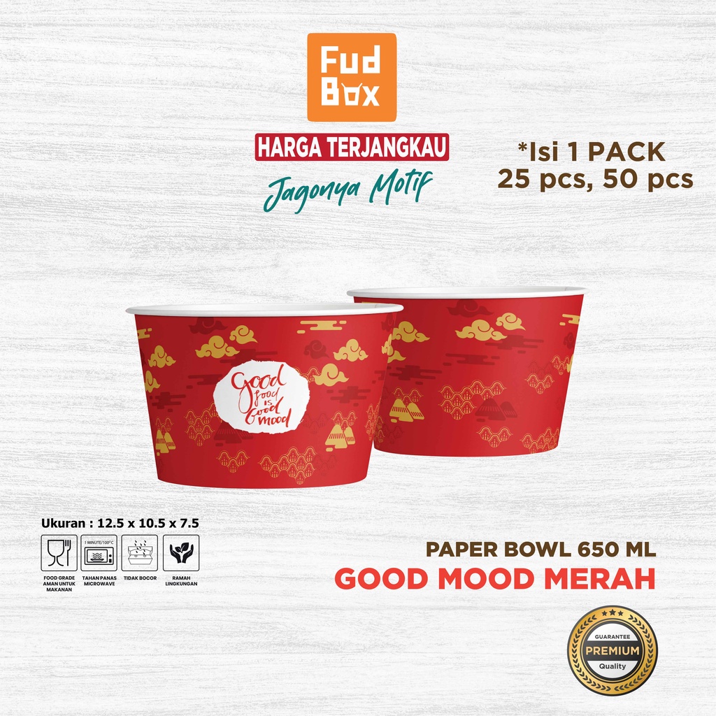 Paper Bowl 650 ml + Tutup | Paper Rice Bowl Mangkok Kertas Motif Ilustrasi Good Mood Merah
