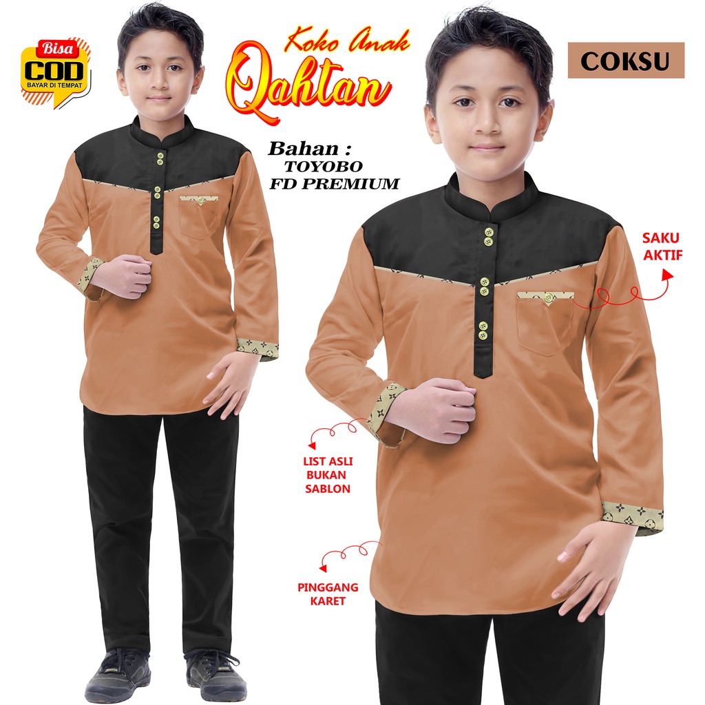 Setelan Koko Anak-Anak Qahtan Kombinasi Lengan Panjang Top Model 000133 BISA COD &amp; GRATIS ONGKIR Terbaru Baju Busana Muslim Anak Laki-Laki Ngaji Lebaran 2023 Bahan TOYOBO FD Premium