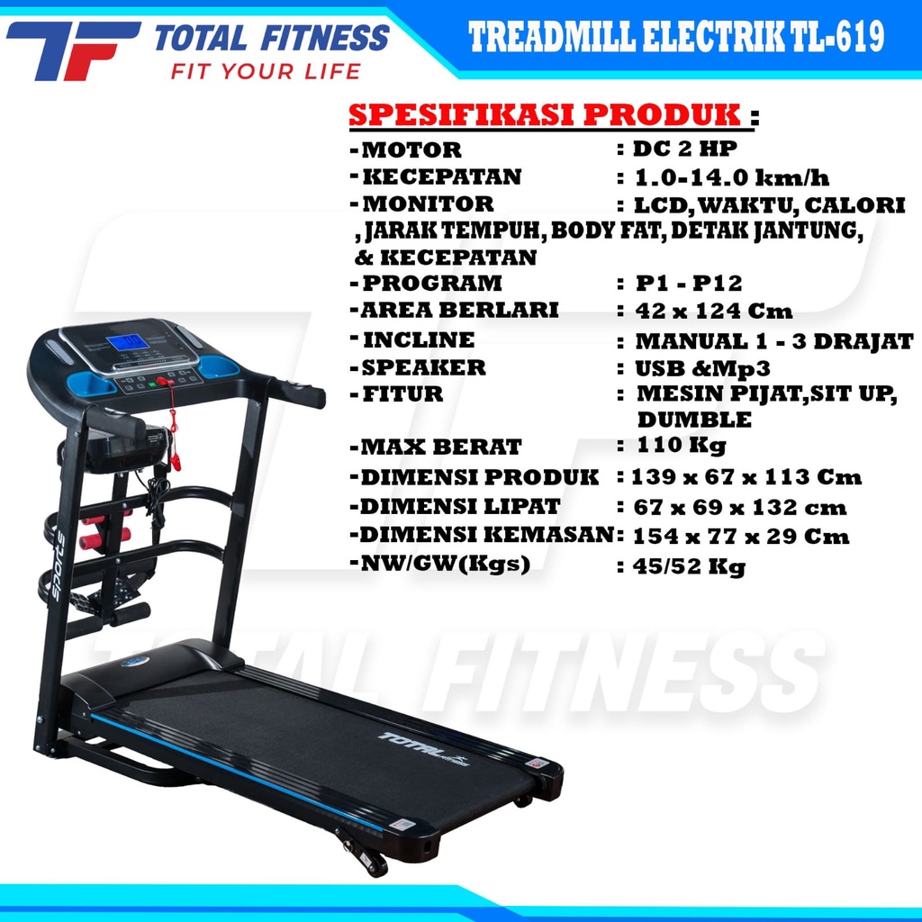 TL619 Treadmill Elektrik | Total Fitness Bali