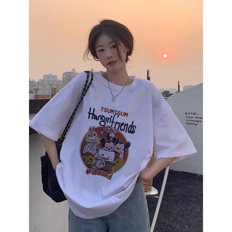 Kaos Couple Korean Style Oversize Letter and Cartoon Pattern Printing Lengan Pendek T-shirt Vintage Kaos Cream