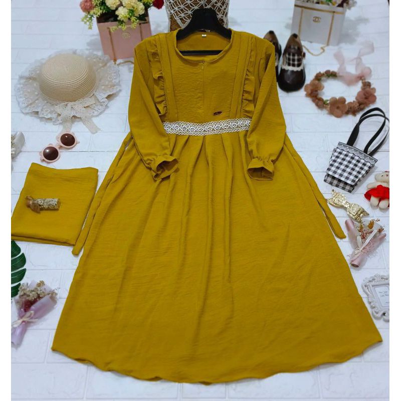 SET GAMIS JILBAB ANAK MARINA CRINGKLE USIA 3-14 TAHUN WARNA KUNING MUSTARD KUNYIT UNGU LILAC ABU2 HI