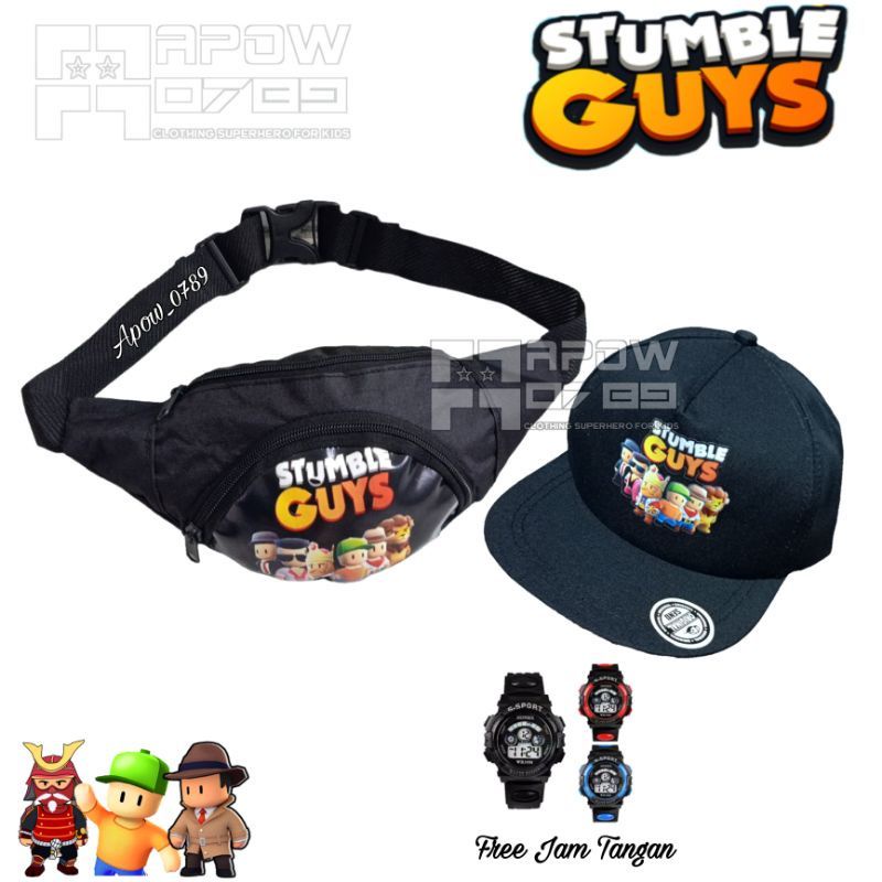 Tas Waistbag anak 3in1 Stumble guys Free Topi Dan Jam Tangan