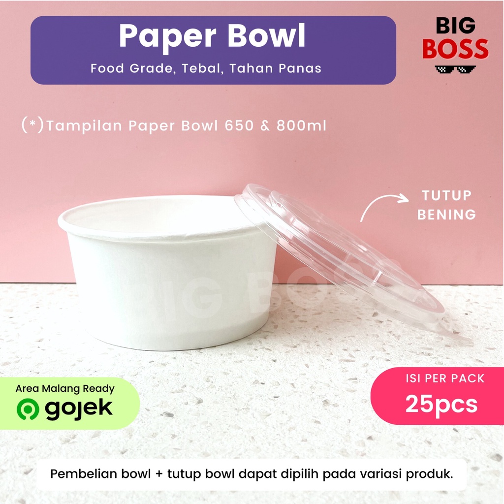 [ISI 25 PCS] Paper Bowl 360ml 500ml 650ml 800ml / Paper Bowl + Tutup / Mangkok Kertas Polos / Mangkok Kertas + Tutup / Paperbowl Polos